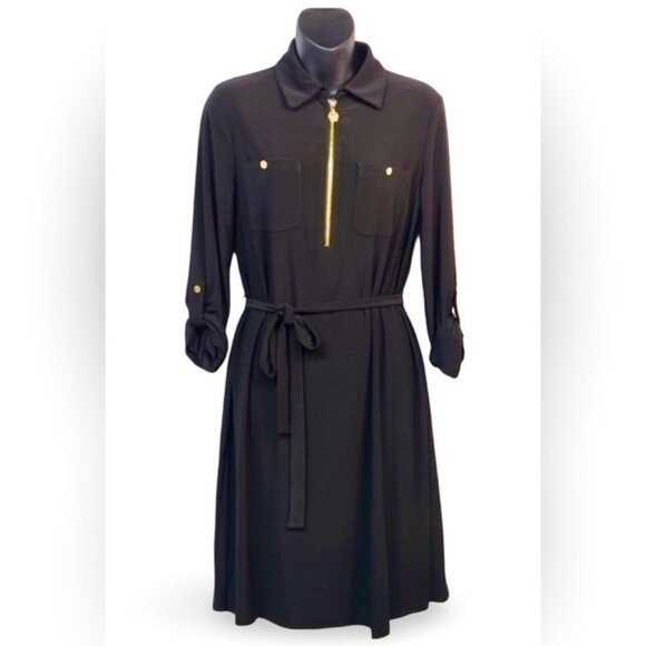 ANNE KLEIN 🍒SZ 2 XS🍒BLACK ZIP FRONT DRESS TABBED SLEEVES TIE WAIST GOLD ACCENT - Picture 3 of 16